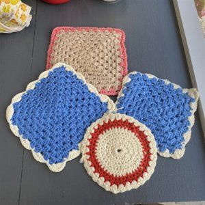 Vintage Crochet Potholders Granny Square Set of 4 Blue Pink Red White Grandma